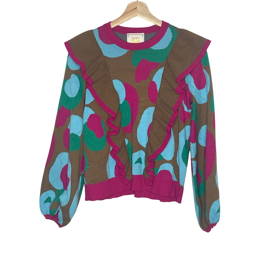 Emily McCarthy Abstract Leopard Print Ruffle Knit Sweater XS Multicolor Brown